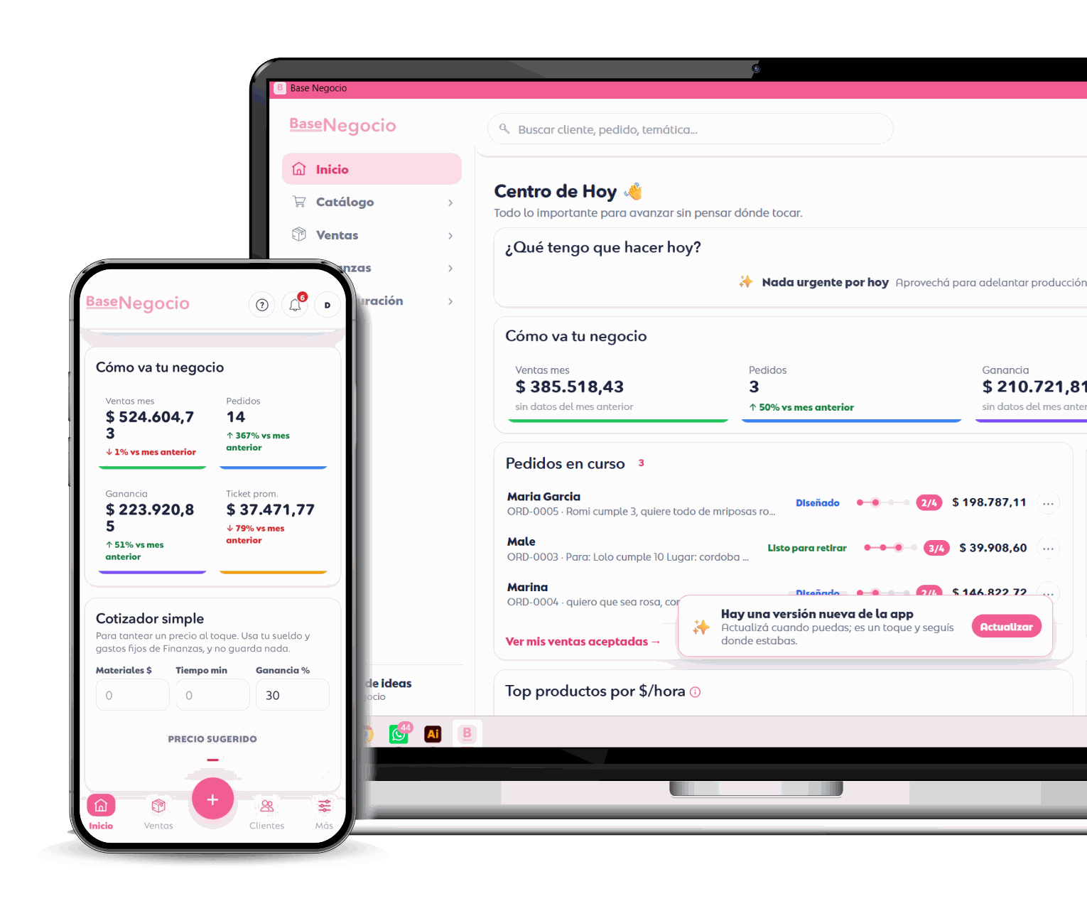BaseNegocio en la computadora y en el teléfono: tablero con ventas, pedidos en curso y cotizador simple