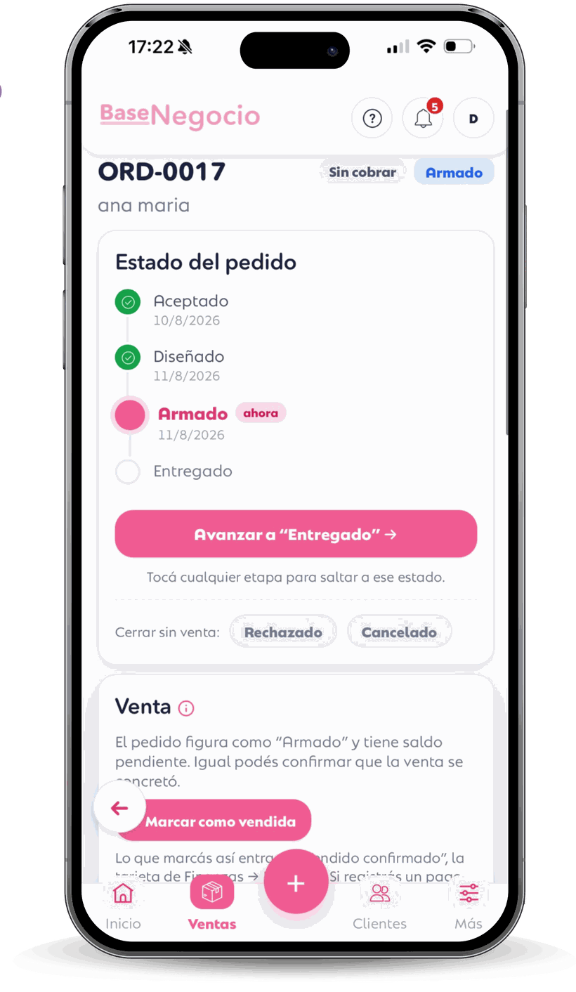 BaseNegocio en el teléfono: estado de un pedido con sus etapas y la venta lista para confirmar